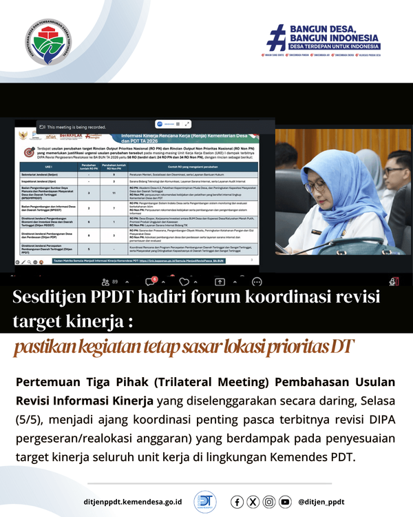 Sesditjen PPDT hadiri forum koordinasi revisi target kinerja : pastikan kegiatan tetap sasar lokasi prioritas DT 